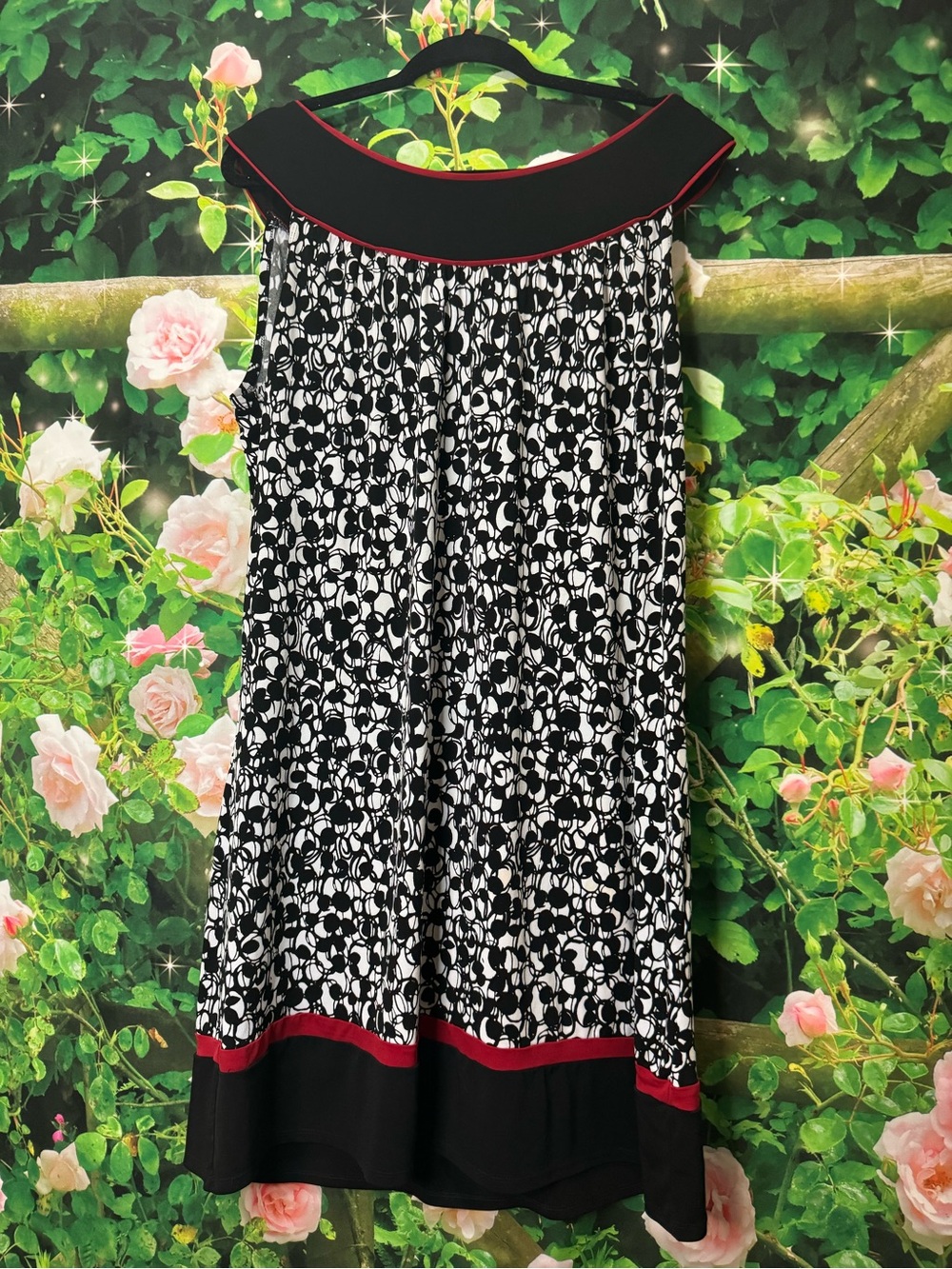 Black & White Floral Knit Dress with Red Trim